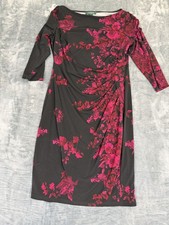 Lauren Ralph Lauren Black & Pink Floral Print 3/4 Sleeve Ruched Dress Size 12