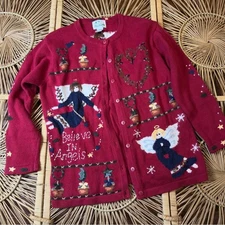 Vintage "Believe in Angels" Red Christmas Cardigan  Angel & Heart Wreath Holiday