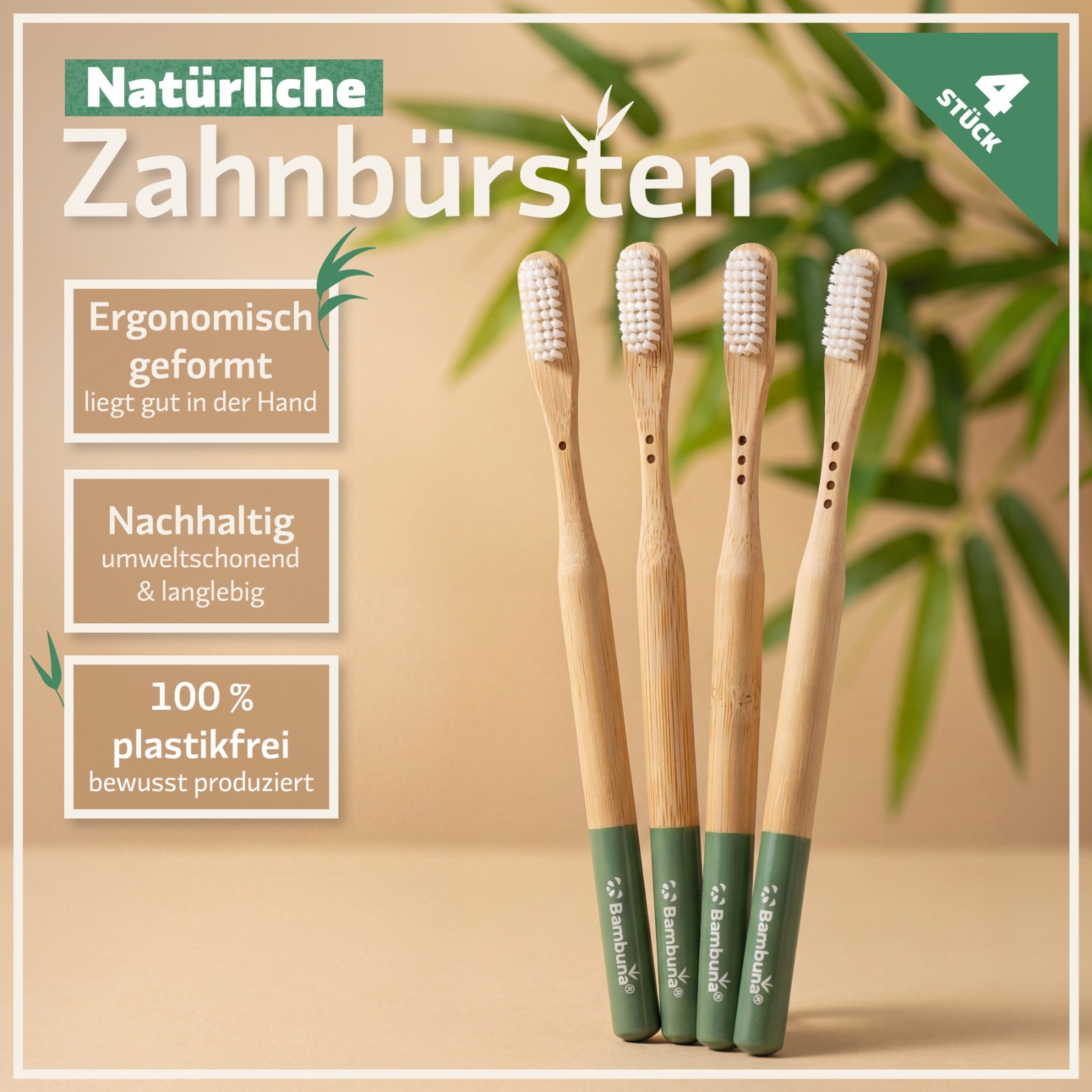 BAMBUNA Bambus Zahnbürsten - Mittel - 4er Set  | inkl. Reiseetui und Zahnseide 2