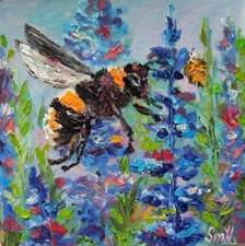 Original Art Bee Lavender Impressionism 3D Oil Painting Meadow Insect Portrait