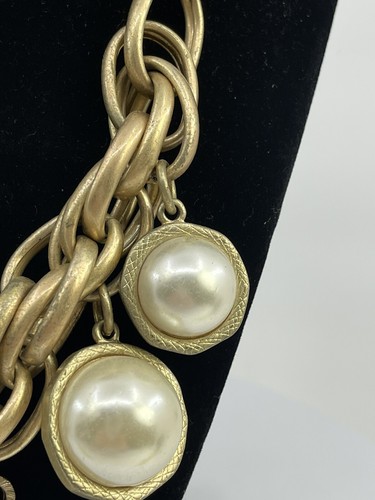 VTG Marlyn Schiff Jumbo Faux Pearl Gold Link Drop Necklace 14” To 21” Jewelry - Picture 7 of 17