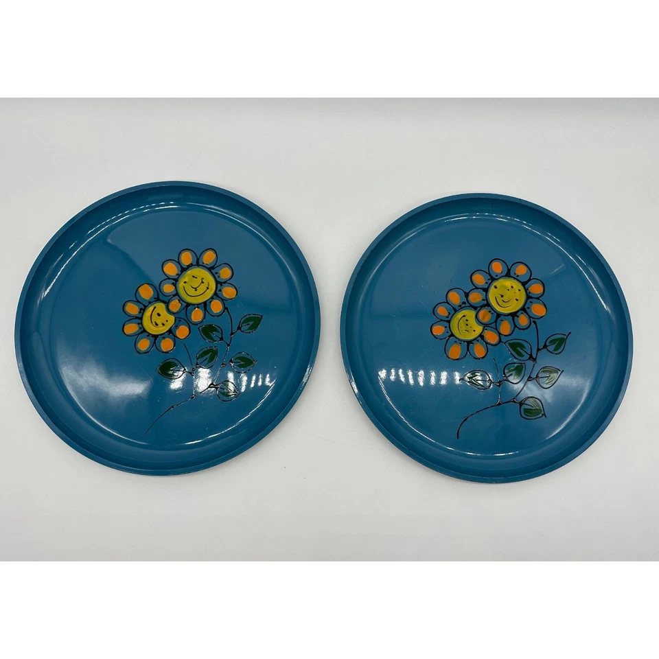 Platos vintage azul antropomórfico flor margarita laca años 60 amarillo kitsch Foto 2 de 4