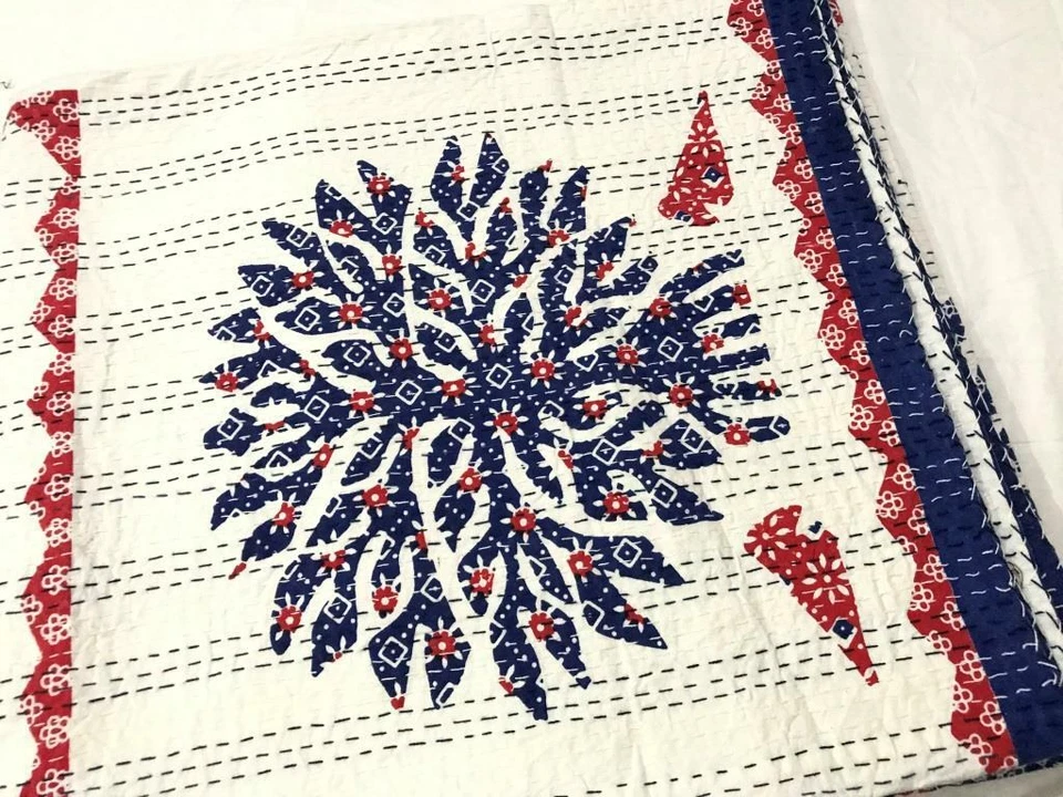 TREE OF LIFE KANTHA QUILT BEDSPREAD COTTON HANDMADE INDIAN BLANKET KING SIZE - Image 3 of 4