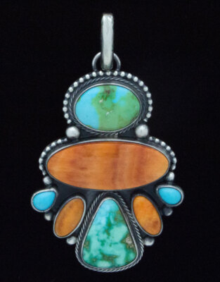 Multi-Color Turquoise & Orange Spiny Oyster Pendant By Fred Guerro, Jr.