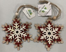 Rustic Wooden Snowflake w/ Glitter Christmas Tree Ornament Set of 2 Evergreen