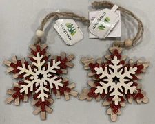 Rustic Wooden Snowflake w/ Glitter Christmas Tree Ornament Set of 2 Evergreen