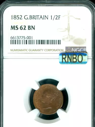 1852 GREAT BRITAIN 1/2 FARTHING MALTA NGC MS62 BN PQ MAC 90RD SPOTLESS  *