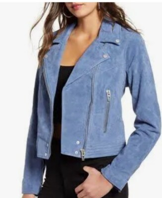 New BlankNYC Play Date Blue Suede Moto Jacket Womens S Leather Crop Blank NYC