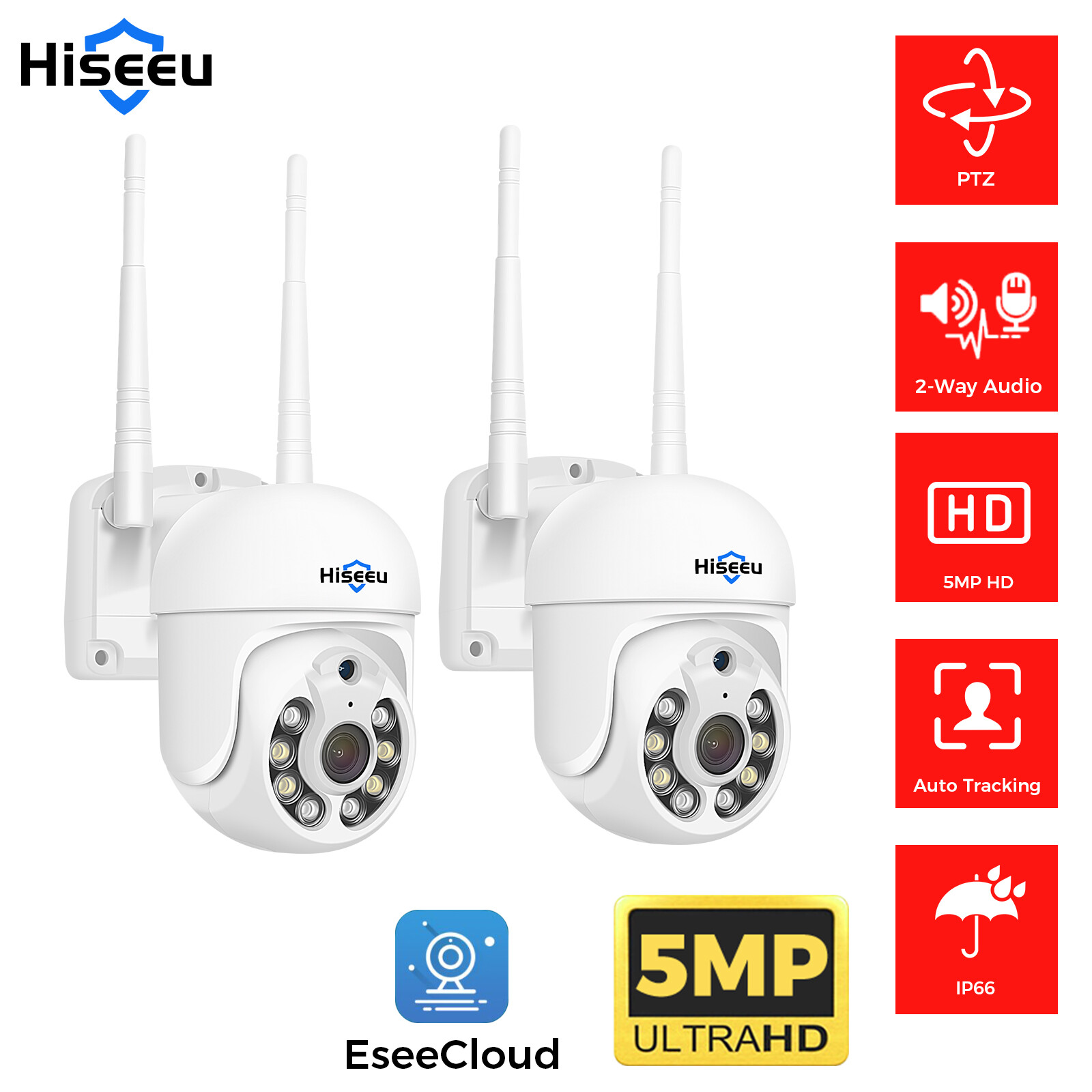 2PCS Hiseeu 5MP WiFi Security Camera Outdoor PTZ 2-Way Audio Auto Tracking