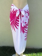 White Pink Hibiscus Flower Floral Pareo Sarong Hawaiian Beach Wrap Skirt Dress
