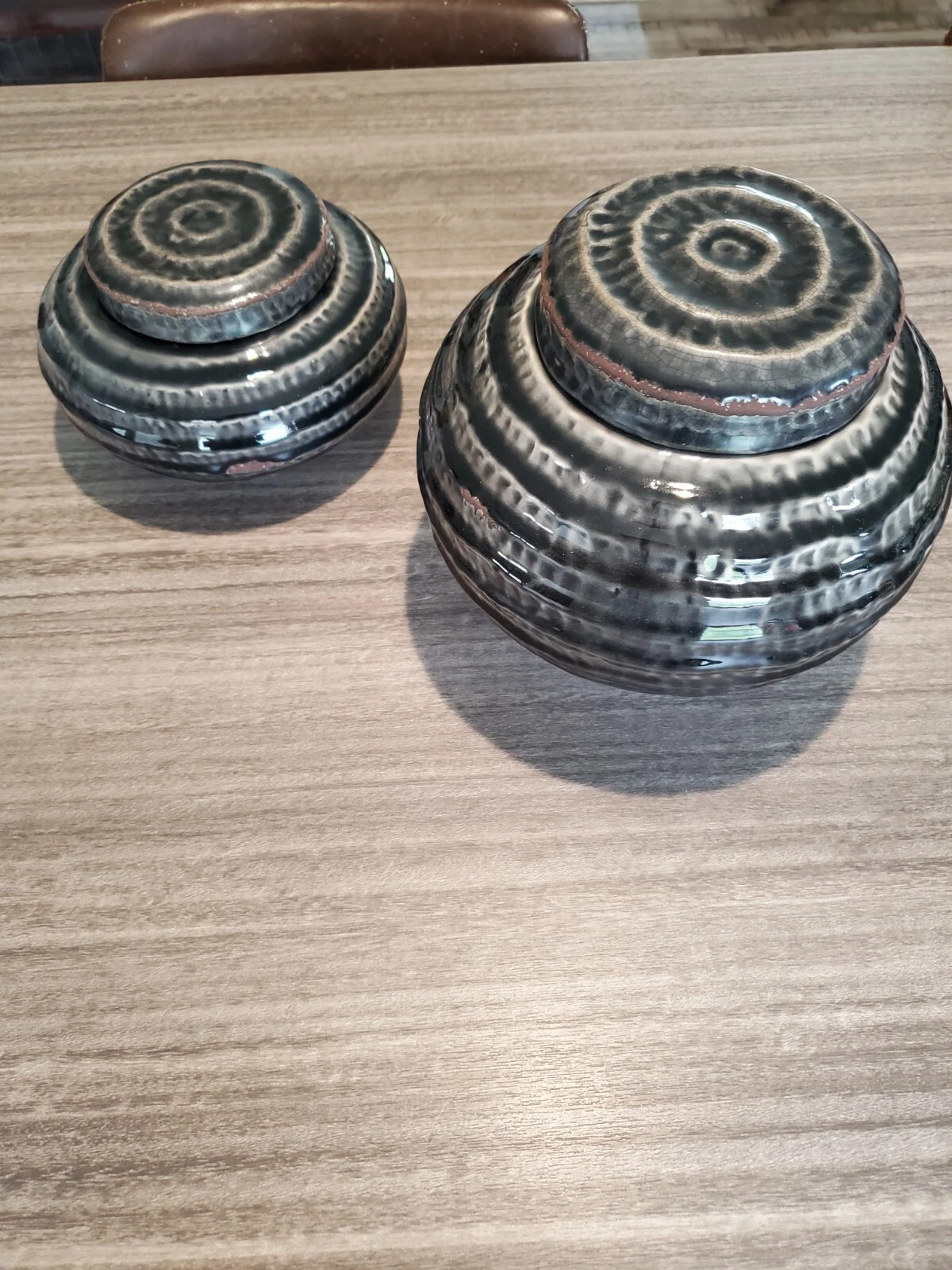 Home Deco Ceramic Containers w/Lids Set/2 Blk/Brn/Gry Round 1 Lg 1Sm