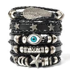 Men Women Black Braided Leather Bracelet Bangle Wrap Rope Wristband Set 5Pcs