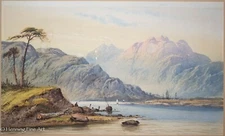 Beautiful 19th Cent Antique English Watercolor Mountain Landscape Painting 1/2