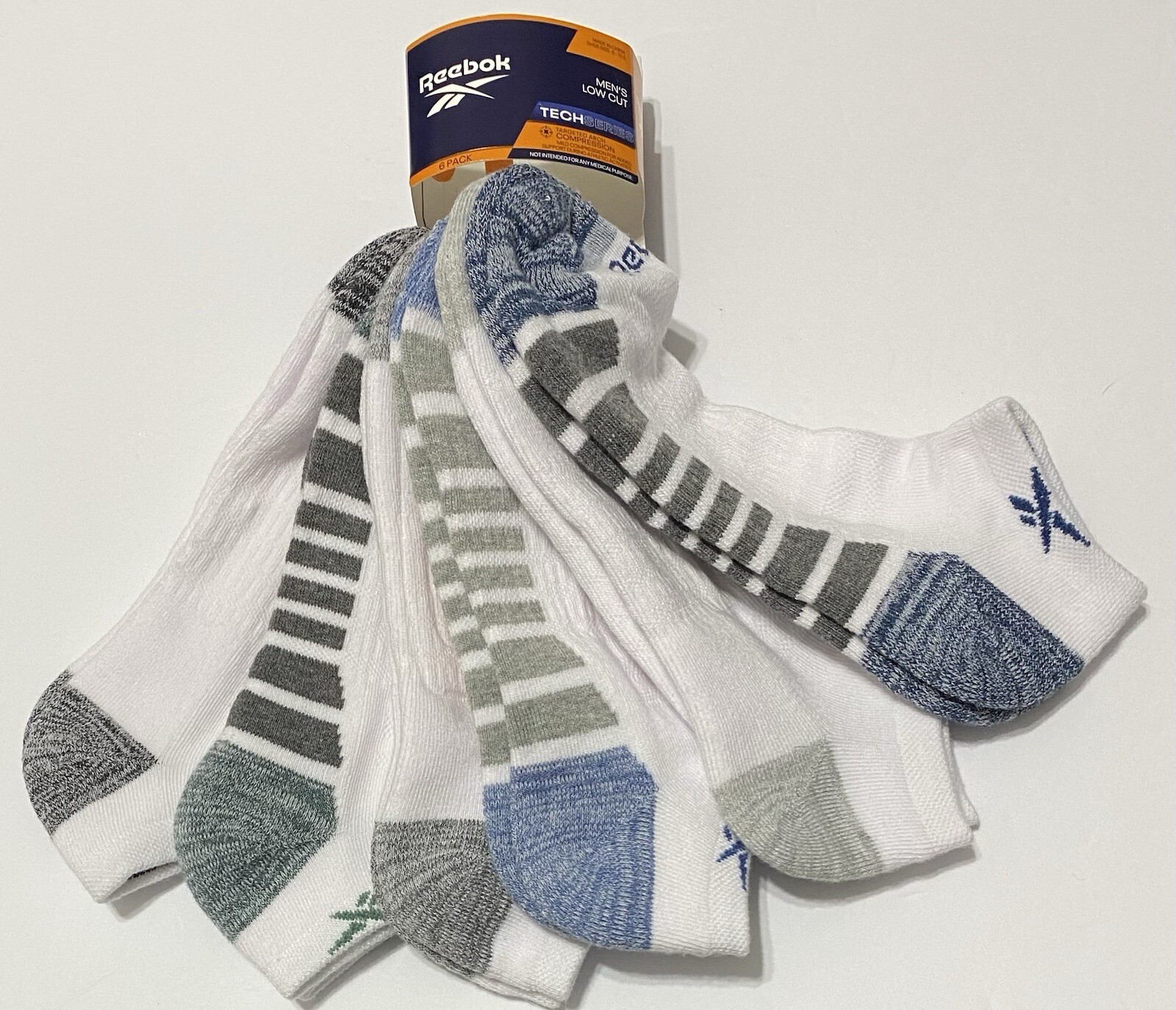 Reebok Tech Series  Men's  6-Pair Low Cut  Socks    Arch Compression  White