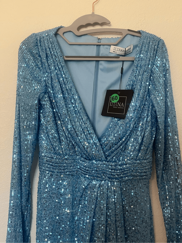 Mini Vestido Mac Duggal Azul Lentejuelas Adornado Cuello en V NUEVO NUEVO CON ETIQUETAS - Imagen 2 de 7