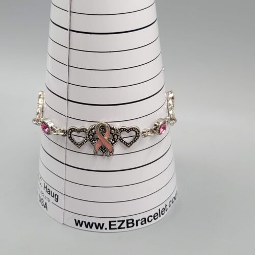 Breast Cancer Awareness Bracelet Pink Rhinestone Silver tone Enamel Ribbon 7.5" - Picture 9 of 9