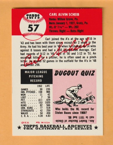 Carl Scheib Philadelphia A's 1991 Topps Archives '53 #57 Gratz Pennsylvania - Imagen 2 de 2