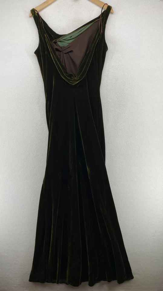 Vestido CARMEN MARC VALVO 8 Terciopelo Mezcla Seda Capucha Cuello Maxi Cóctel Verde HK DE COLECCIÓN Foto 4 de 4