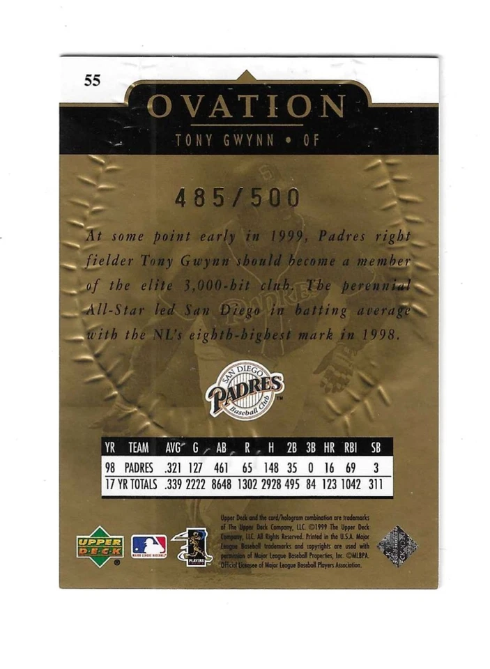 Tony Gwynn Upper Deck Ovation Standing Ovation Card # 55 /500 - Image 2 of 2