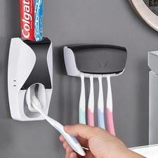 Dispensador Automatico de Pasta Dental y Soporte para Cepillos Negro de Bano