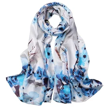 100% Silk Scarf Women neckerchief long Shawl Wrap floral blue white coffee MY227