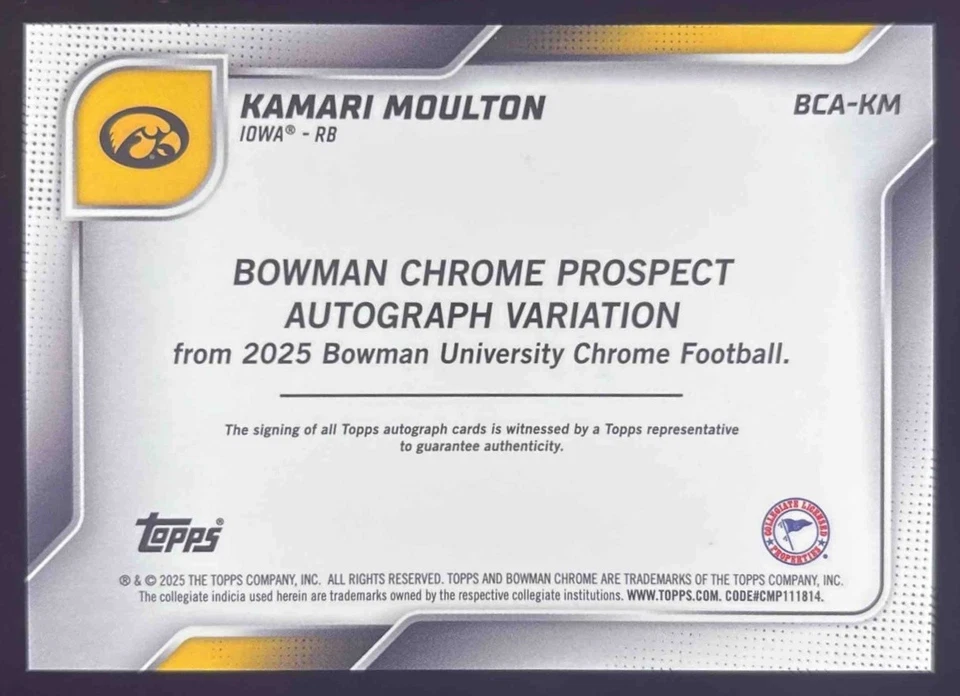 Bowman Chrome University Kamari Moulton Prospect 2025 refractor automático de oro/50 Foto 2 de 2