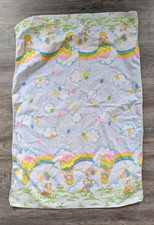 Vtg Teddy Bear Baby Receiving Blanket Rainbow Hot Air Balloons Pastel Colors