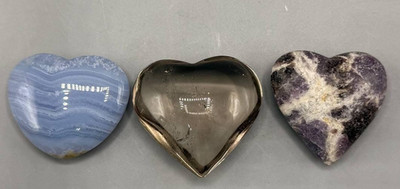 Lot of 3 Polished Heart Shape Crystals   Blue Agate Grey Amethyst Collectibles