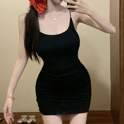 Kurzes ärmelloses Camisole Kleid für Damen Sommer einfarbig Baumwollmischung - Bild 1 von 4