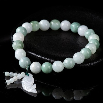 Natürliche Klasse A Jadeit 8,8 mm Perlen Handarbeit Armband 14-16 cm Fisch Charms