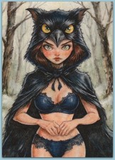 Quadro acquerello ACEO - corvo corvo sexy ragazza donna surreale