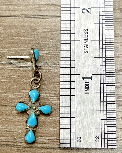 Orecchini Vintage Tono Argento Finto Turchese Pendente Croce Sud Ovest Religiosi - Foto 4 di 6