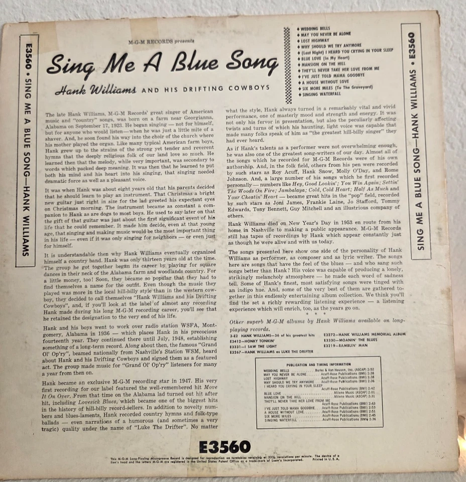 HANK WILLIAMS - SING ME A BLUE SONG - MGM RECORDS E3560 VG 1960 RELEASE LP VINYL - Image 2 of 4