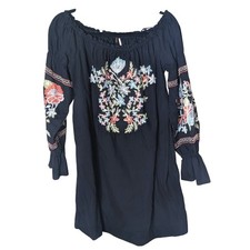 Free People Black Embroidered Peasant Tunic Dress Boho Festival Cottagecore Sz L