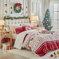 Christmas Sherpa Comforter Set Twin Size 3 Pieces Red Stripes Cream Heart Dee...