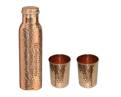 100% Copper Water Bottle 1000 ml Hammered Drinking Glass 300 ml Ayurveda Health