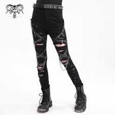 Devil Fashion Women Black Gothic Punk Trousers Distressed Slim Fit Long Pants