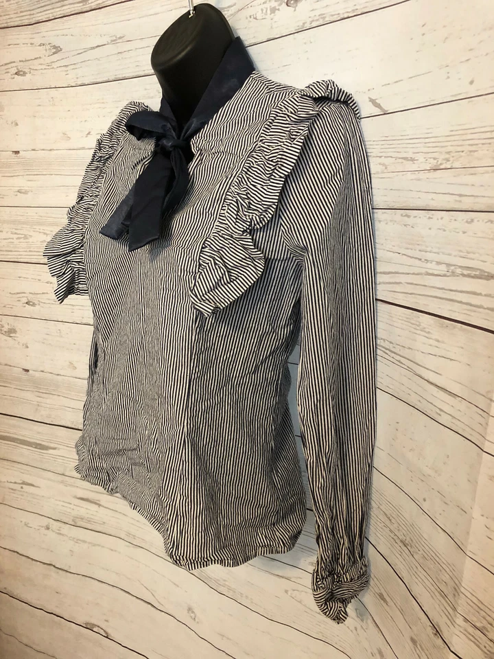 Blusa para mujer Deco Lux blanca/azul a rayas acampanada mezcla de algodón talla M Foto 2 de 4