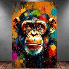 LEINWAND BILD ER XXL ABSTRAKT SCHIMPANSE AFFE BUNT FARBSPRITZER WAND POSTER P971