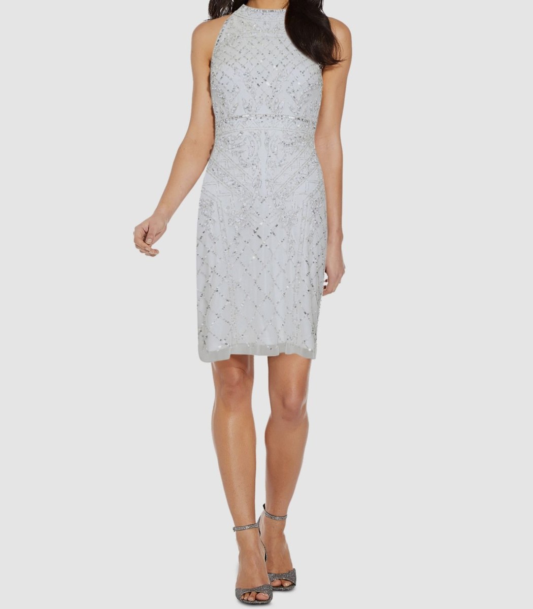 adrianna papell beaded halter cocktail dress $250 Women's White Sequined Sheath Size 6 Style Options:Belt Only