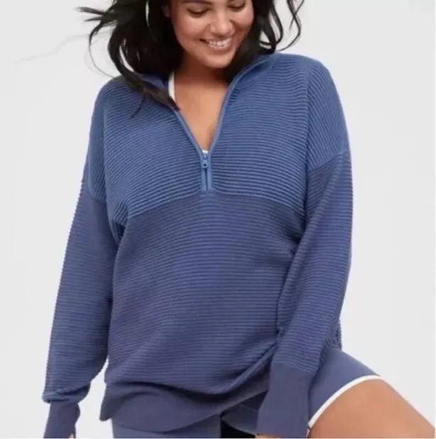 OFFLINE by Aerie Home Stretch Ribbed Sweater Half Zip Blue Size