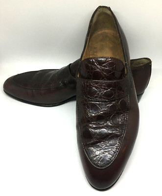 Vintage Genuine Caiman Alligator Brown Slip on Shoes Mens 8 D Hand Made in Italy