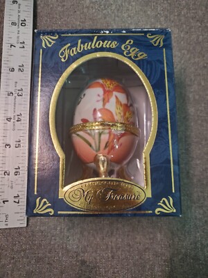 MY TREASURE FABULOUS ORANGE FLORAL EGG GENUINE PORCELAIN HAND PAINTED GOLD TRIM