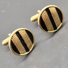 Vintage cufflinks men's golden tone black stripes bullet back round formal prom