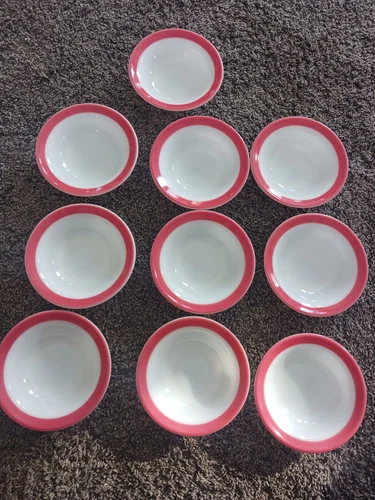 10 Vintage 1960's Pyrex Milk Glass dinnerware single Red Stripe small bowl  used