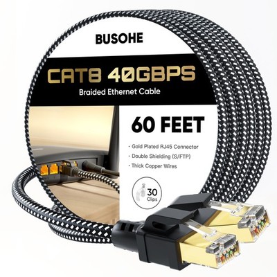 Cat 8 Ethernet Cable 60 Ft 40Gbps 2000Mhz Braided Network LAN RJ45 30 Clips