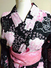 Japanese Yukata Set / Cotton Kimono Summer Festival Floral Black Pink Obi Belt