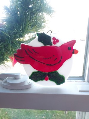 Fused Glass Cardinal Red Bird Suncatcher Ornament Holly Lost Loved One Memorial