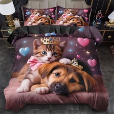 Cat Dog Crown Duvet Cover Set Pillowcases Twin Full Queen King Size Quilt Covers