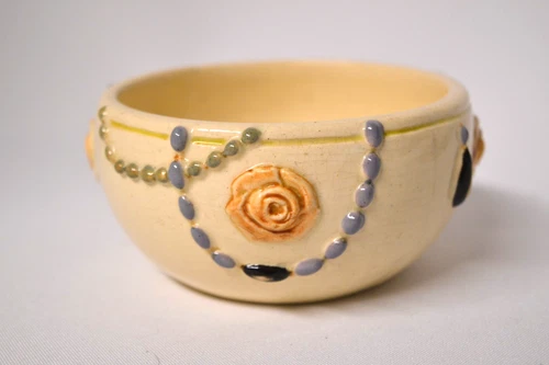 Weller Pottery "Pearl" Detailed Bowl ca. 1920 2 1/4" Tall Jeweled Rosettes